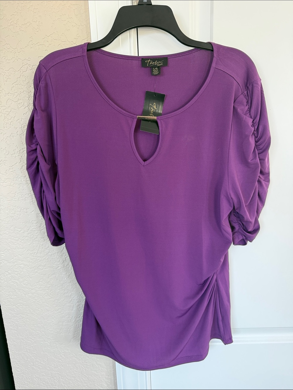 Thalia Sodi Violet Keyhole Ruched Sleeve Top